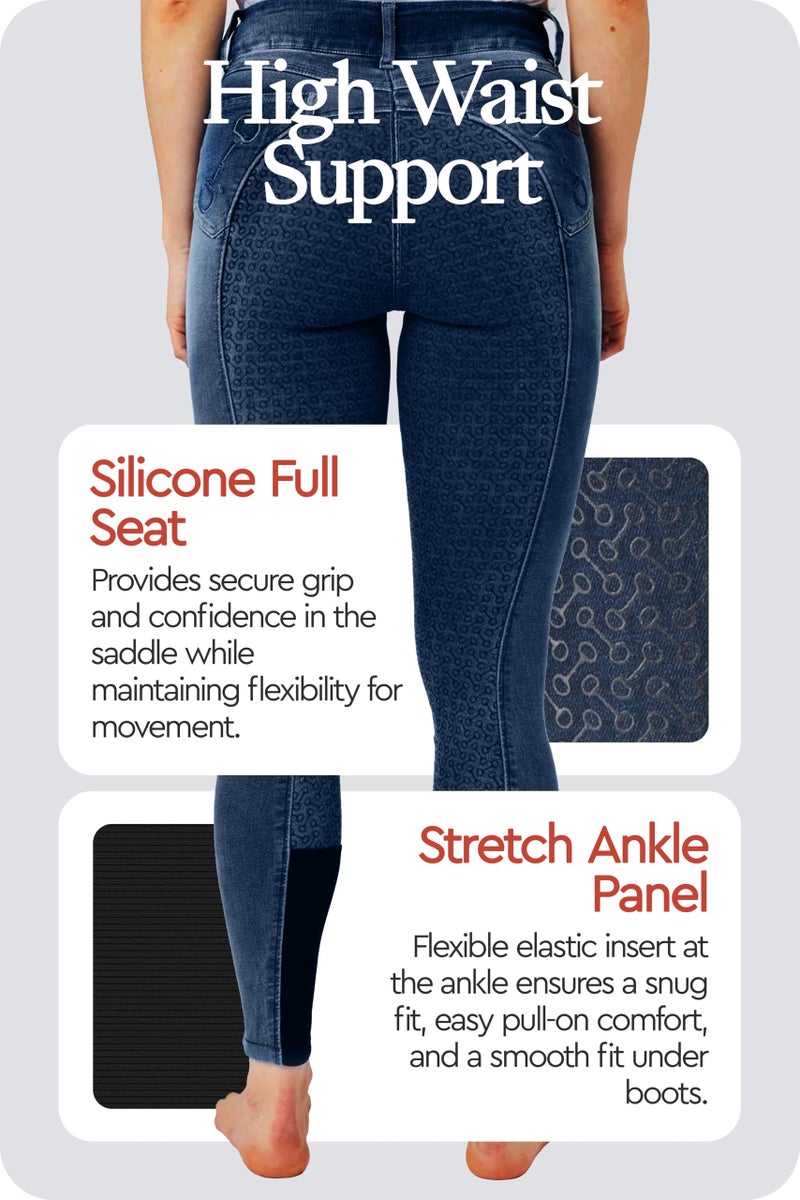 HORZE Kaia Womens Denim Horse Riding Pants | High Waist Silicone Full Seat Breeches - Dark Blue - 28 - Image 5